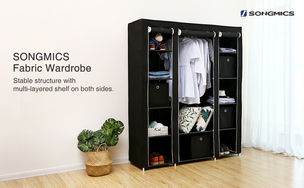 SONGMICS Garderoba din material textil, dulap portabil, cu rafturi si sina de agatat, 150x45x175cm, negru Household NewTrend