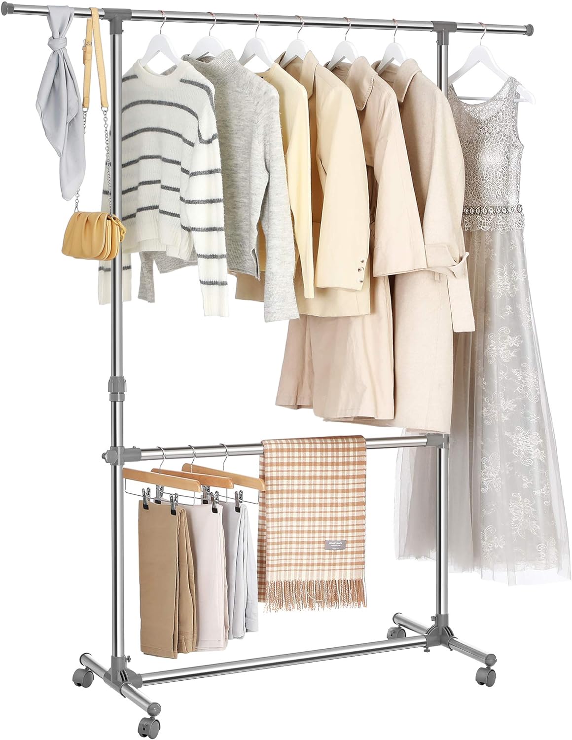 SONGMICS Suport pentru haine cu sina superioara extensibila, pe roti, reglabil in inaltime 113-198cm, argintiu Household NewTrend