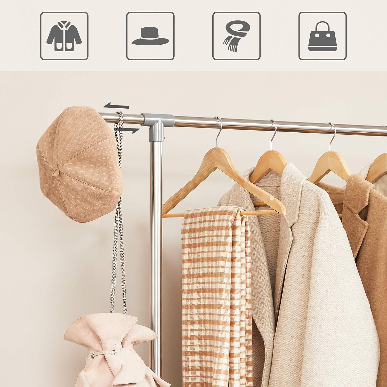 SONGMICS Suport pentru haine cu sina superioara extensibila, pe roti, reglabil in inaltime 113-198cm, argintiu Household NewTrend