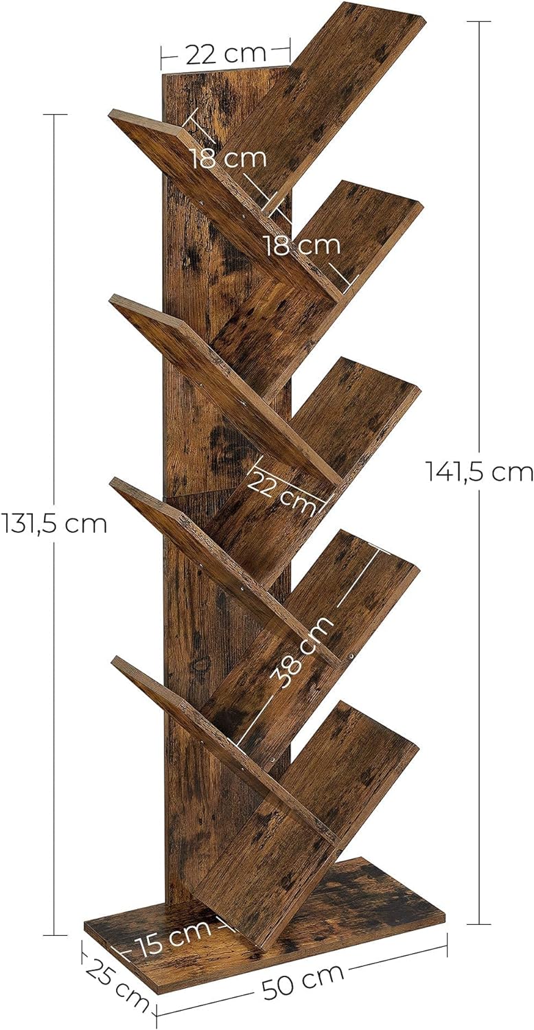 VASAGLE Biblioteca de podea cu 8 etaje, cu rafturi din lemn in forma V, 25x141x50cm, maro rustic Household NewTrend