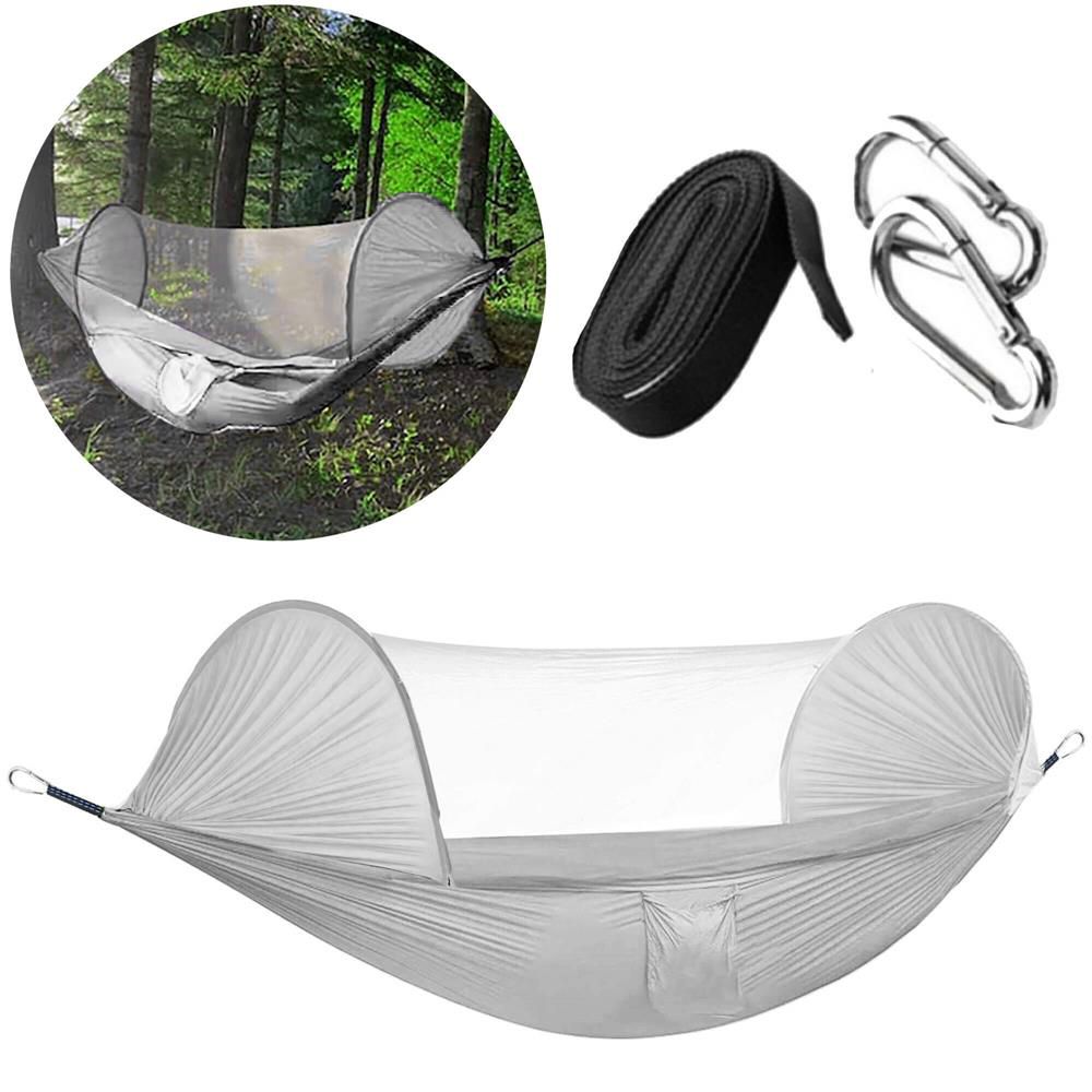 Hamac dublu din material parasuta 140x260cm, cu plasa de tantari si geanta transport, gri Household NewTrend