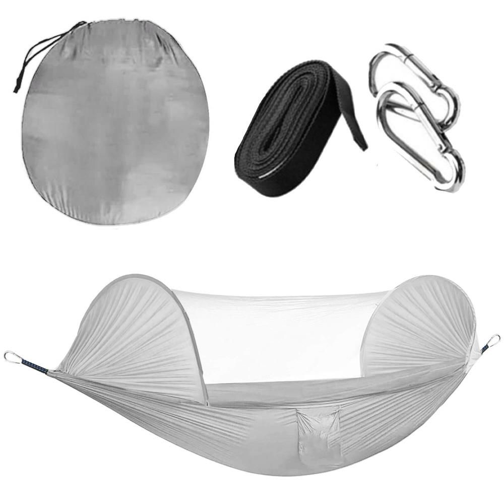 Hamac dublu din material parasuta 140x260cm, cu plasa de tantari si geanta transport, gri Household NewTrend
