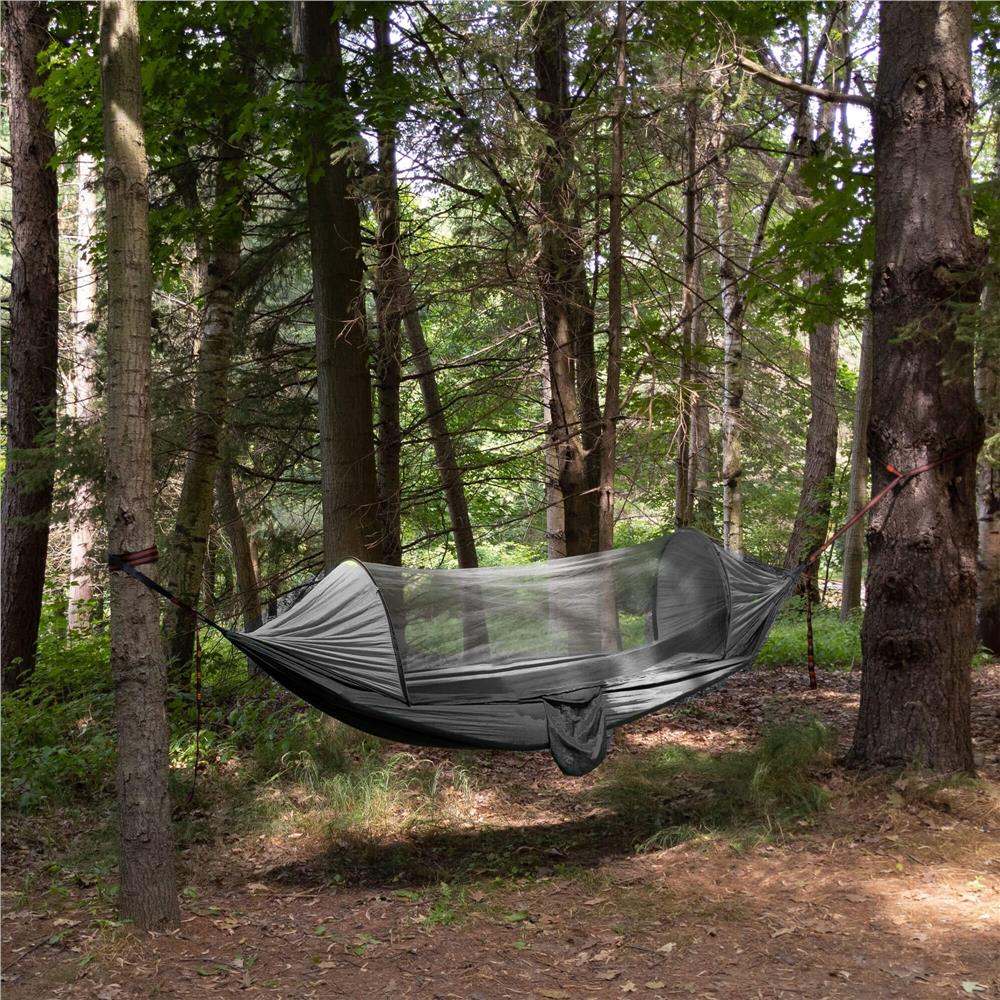 Hamac dublu din material parasuta 140x260cm, cu plasa de tantari si geanta transport, gri Household NewTrend