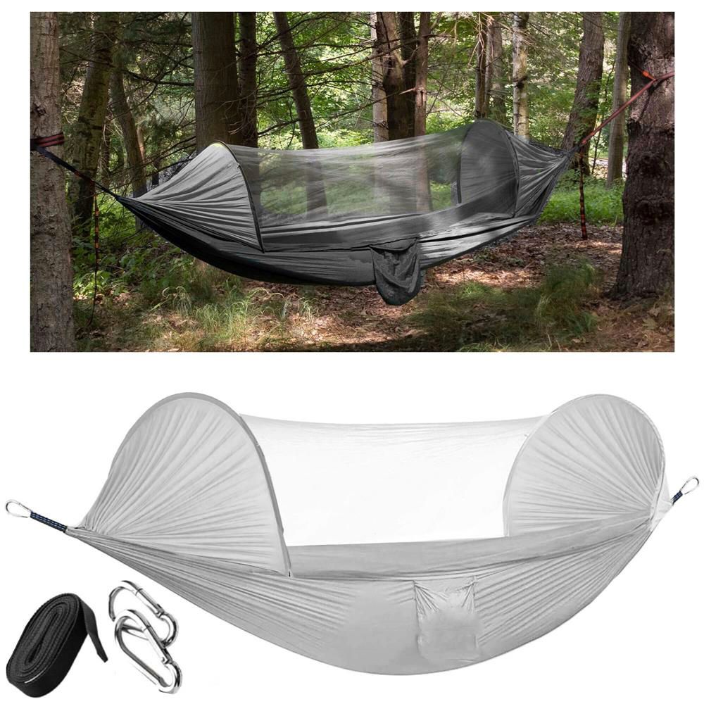Hamac dublu din material parasuta 140x260cm, cu plasa de tantari si geanta transport, gri Household NewTrend