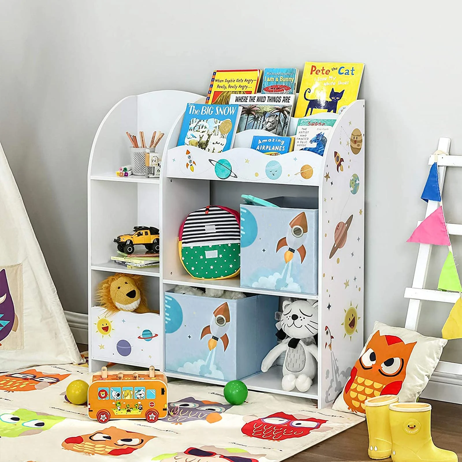SONGMICS Organizator de jucarii si carti pentru copii, multifunctional cu 2 cutii de depozitare, 93x30x100cm, alb Household NewTrend
