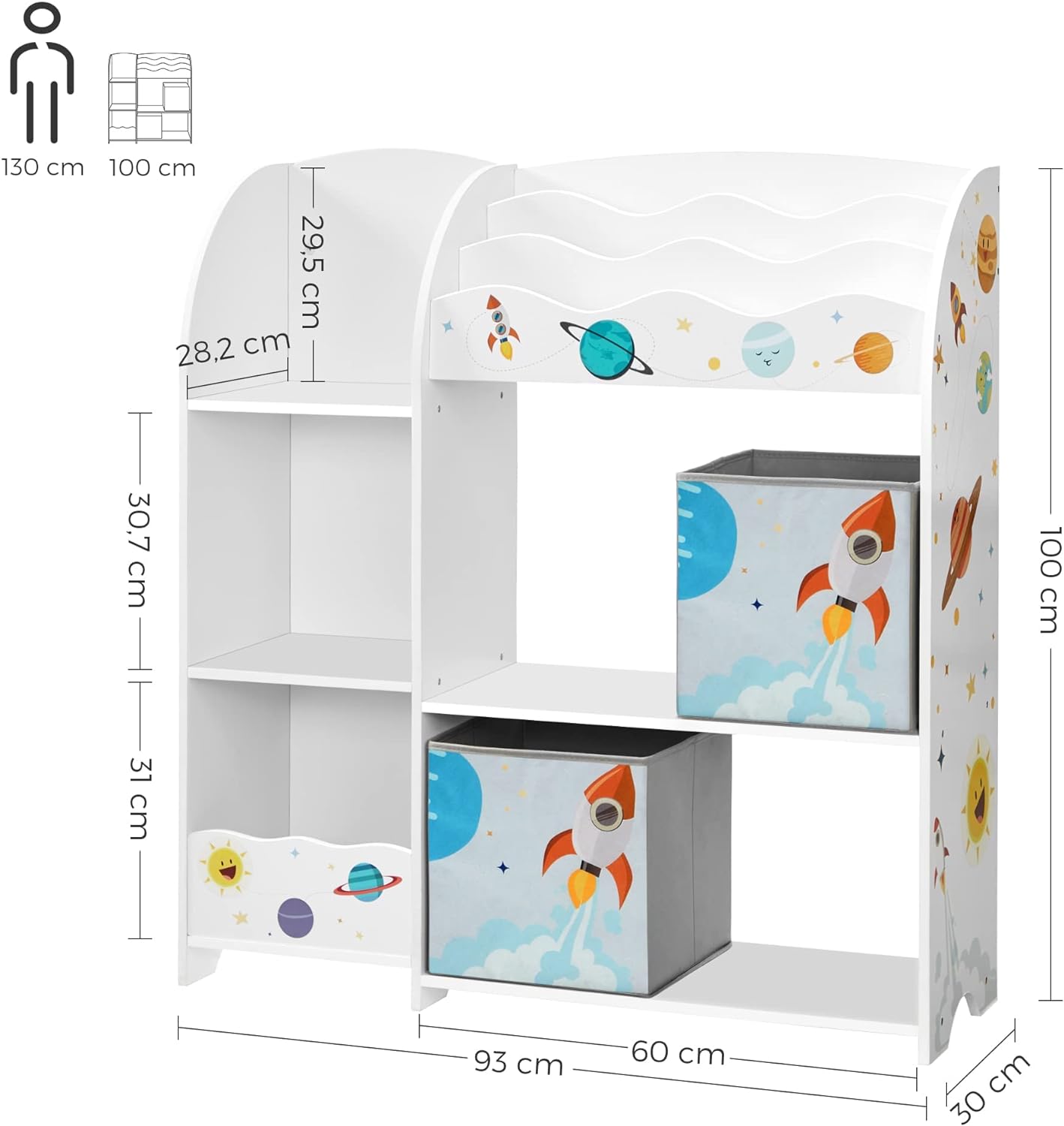 SONGMICS Organizator de jucarii si carti pentru copii, multifunctional cu 2 cutii de depozitare, 93x30x100cm, alb Household NewTrend
