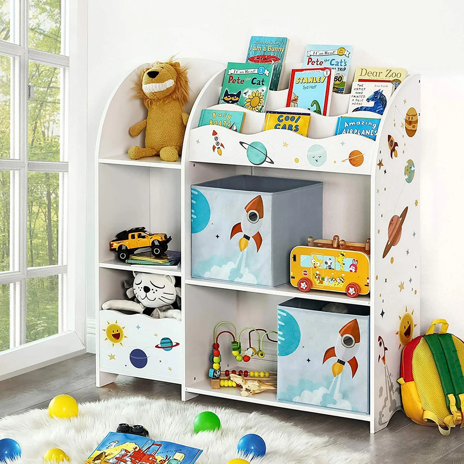 SONGMICS Organizator de jucarii si carti pentru copii, multifunctional cu 2 cutii de depozitare, 93x30x100cm, alb Household NewTrend