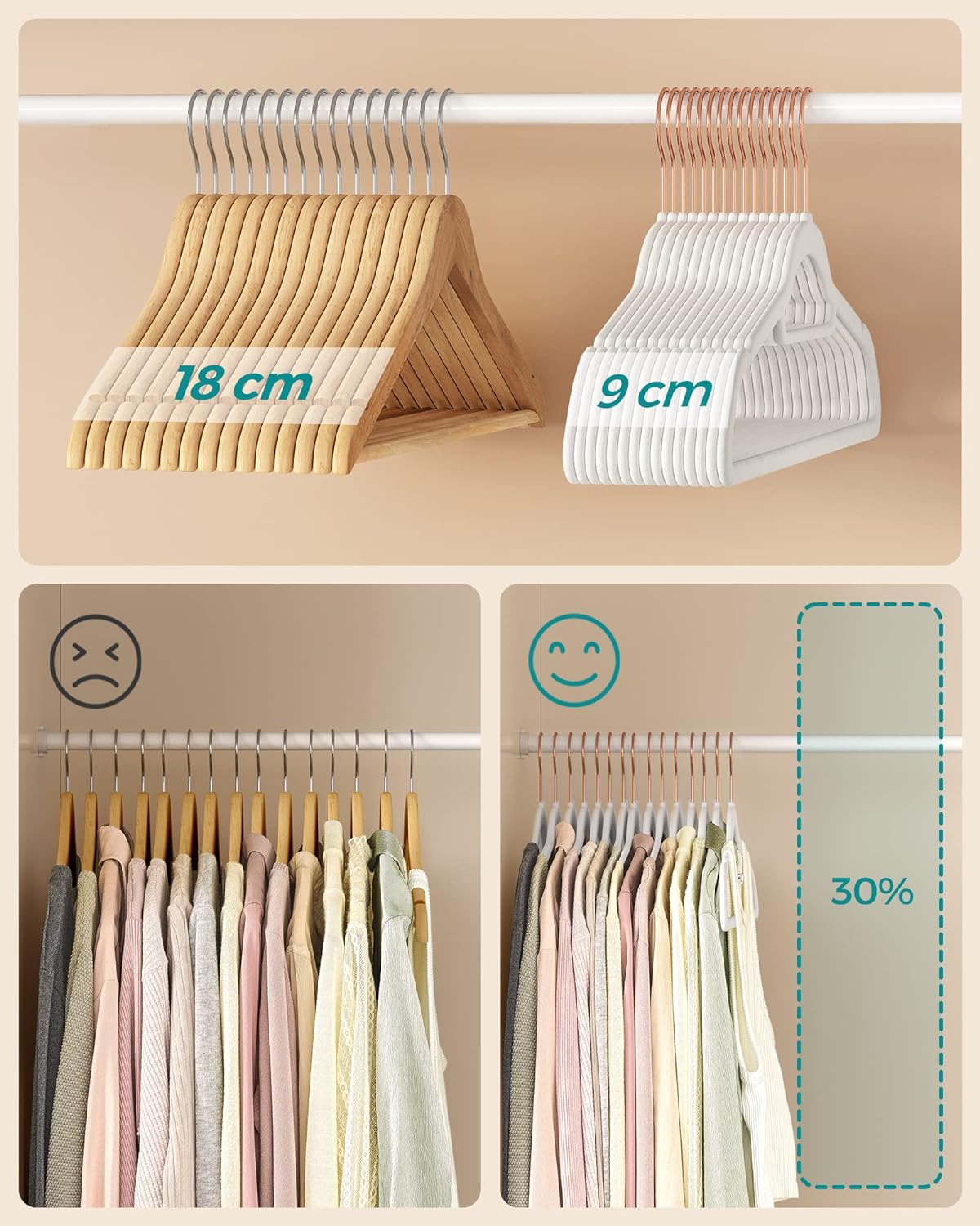 SONGMICS Set de 50 de umerase pentru haine, anti-alunecare cu catifea, bara de cravata si carlig pivotant, 43,5 cm, alb Household NewTrend