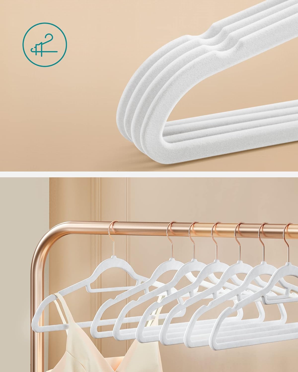 SONGMICS Set de 50 de umerase pentru haine, anti-alunecare cu catifea, bara de cravata si carlig pivotant, 43,5 cm, alb Household NewTrend