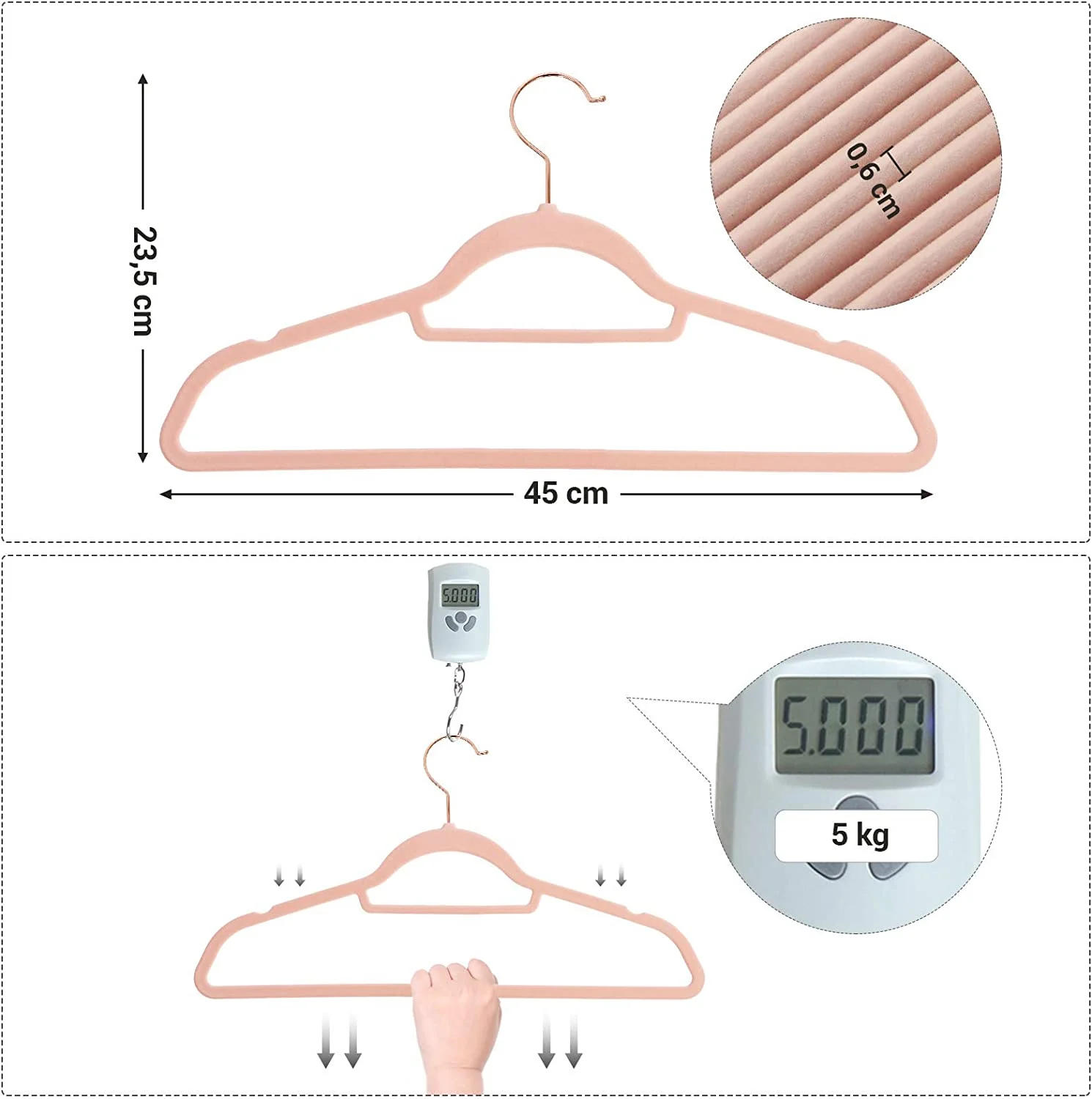 SONGMICS Set de 50 de umerase pentru haine, anti-alunecare cu catifea, bara de cravata si carlig pivotant, 43,5 cm, roz Household NewTrend