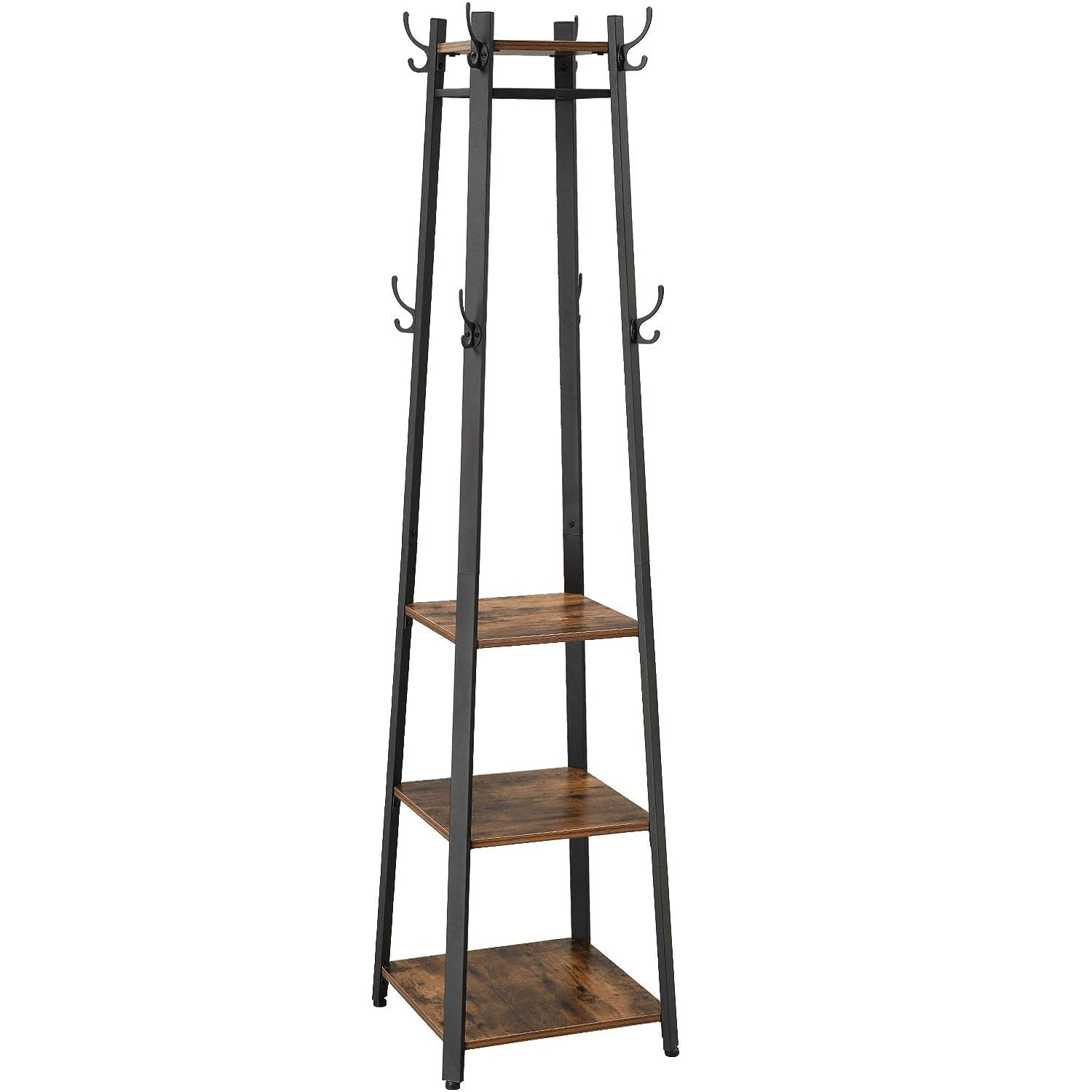 VASAGLE Cuier de haine cu 3 rafturi, suport cu carlige, din otel, 43x43x180 cm, stil industrial, maro rustic si negru Household NewTrend