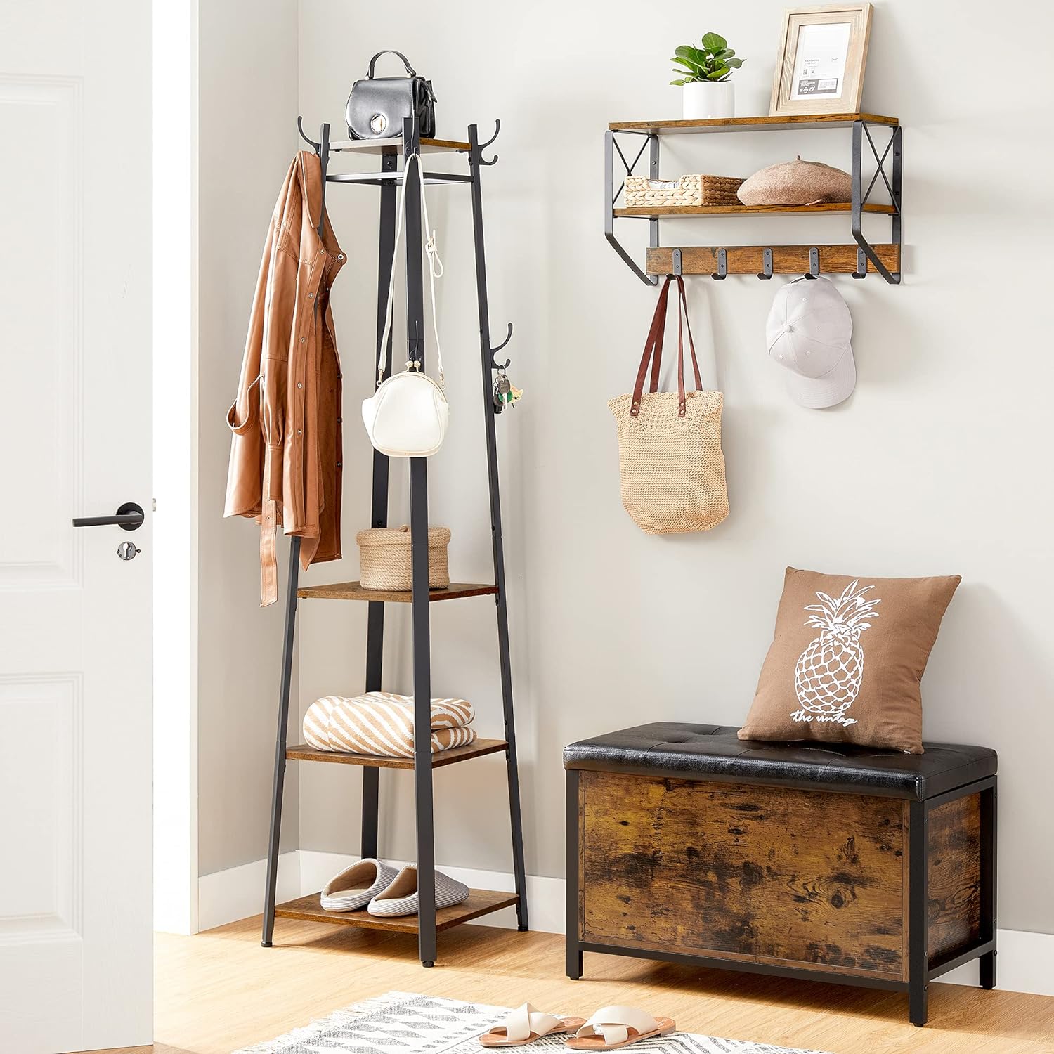 VASAGLE Cuier de haine cu 3 rafturi, suport cu carlige, din otel, 43x43x180 cm, stil industrial, maro rustic si negru Household NewTrend