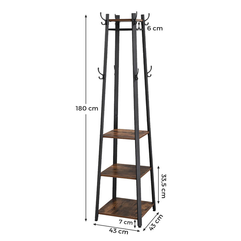 VASAGLE Cuier de haine cu 3 rafturi, suport cu carlige, din otel, 43x43x180 cm, stil industrial, maro rustic si negru Household NewTrend