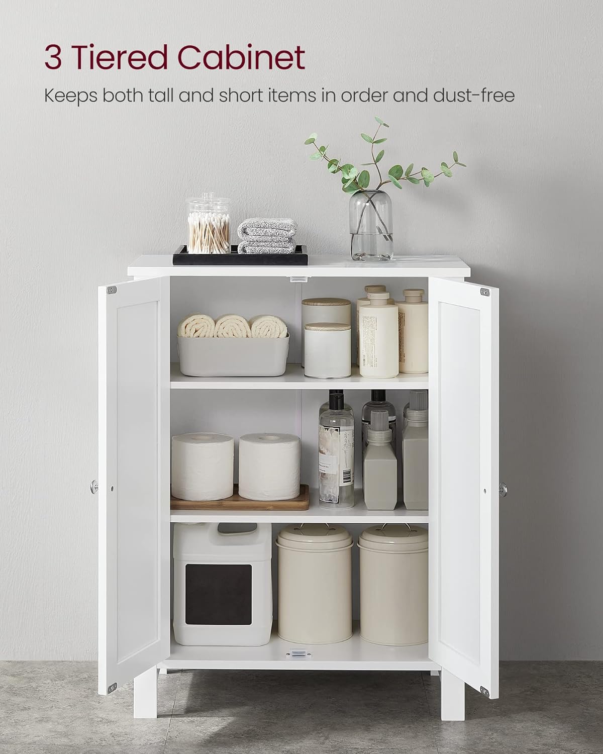 VASAGLE Dulap de depozitare de podea pentru baie, cu 2 rafturi reglabile, 30x60x80cm, alb Household NewTrend