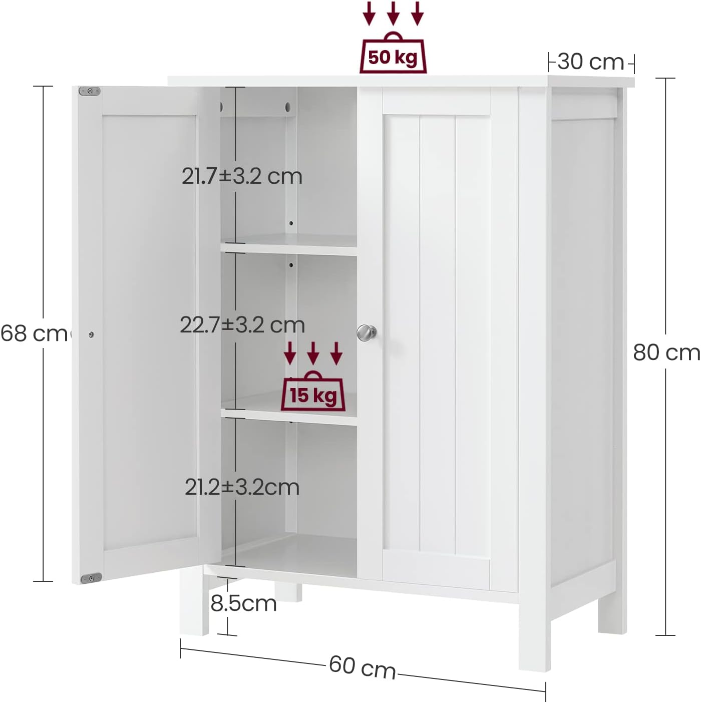 VASAGLE Dulap de depozitare de podea pentru baie, cu 2 rafturi reglabile, 30x60x80cm, alb Household NewTrend