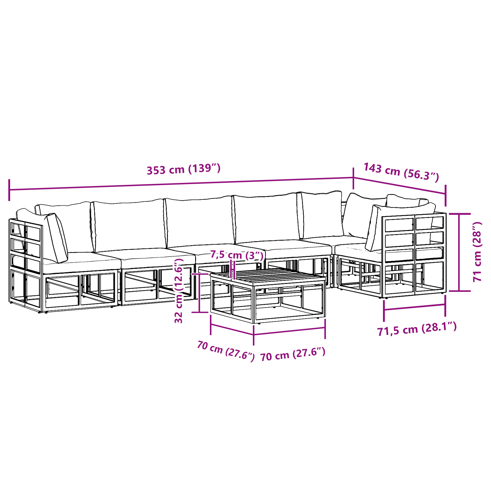 Set de canapele pentru grădină 7 pcs Negru 70 x 70 x 32 cm GartenMobel Dekor