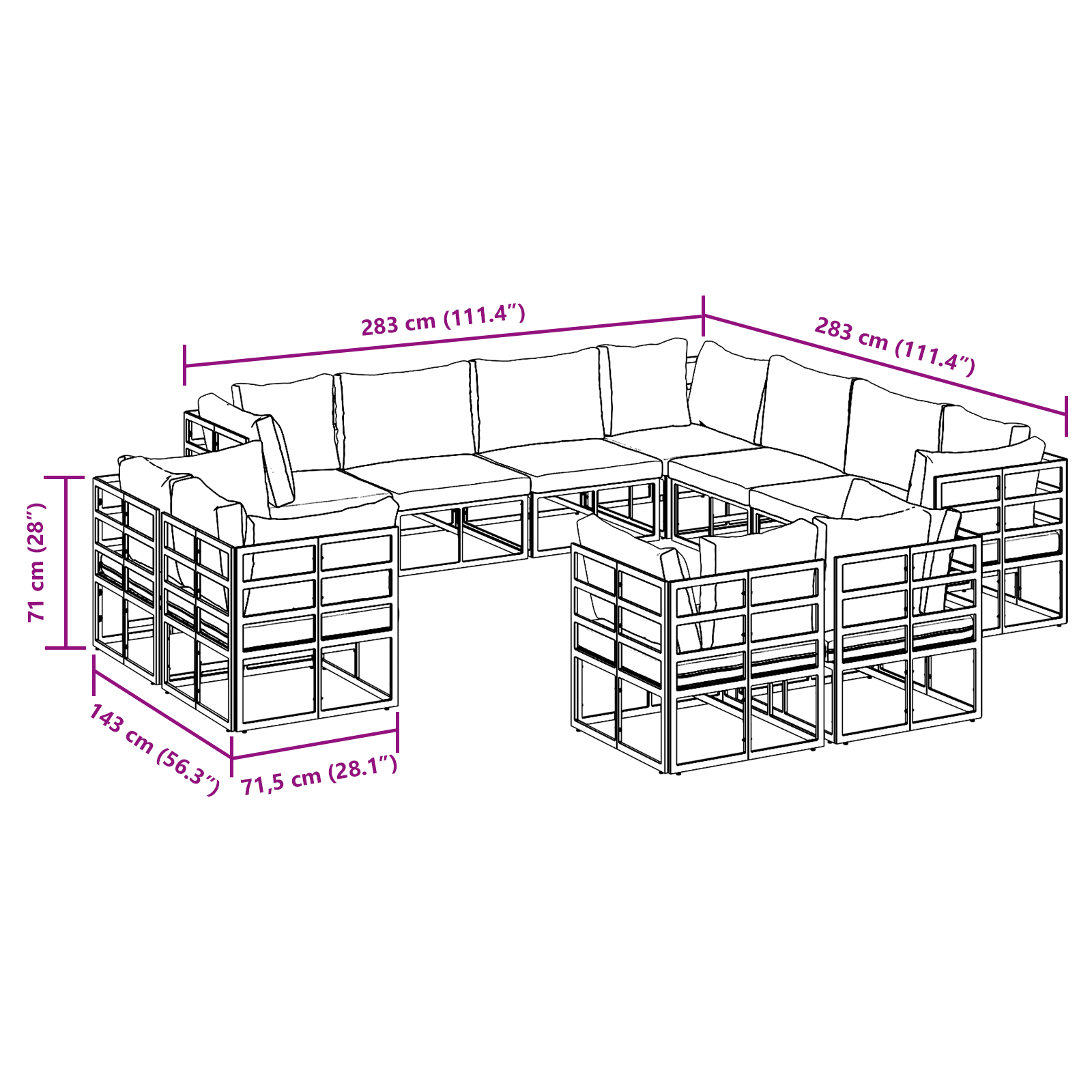 Set de canapele pentru grădină 11 pcs Negru 283 x 283 x 71 cm GartenMobel Dekor