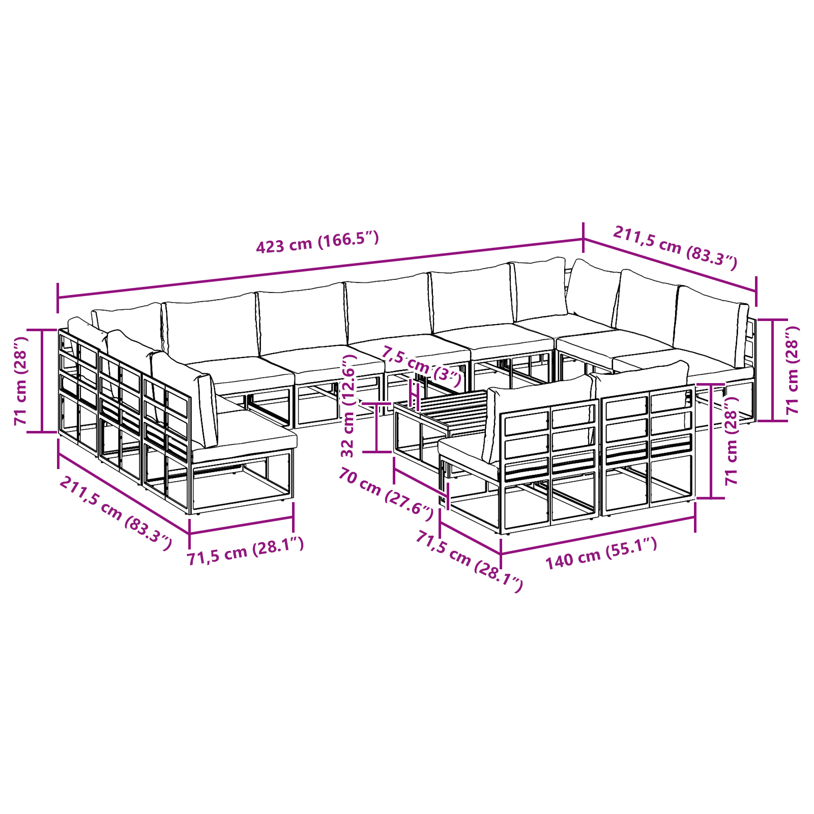 Set de canapele pentru grădină 13 pcs Negru 70 x 70 x 32 cm GartenMobel Dekor