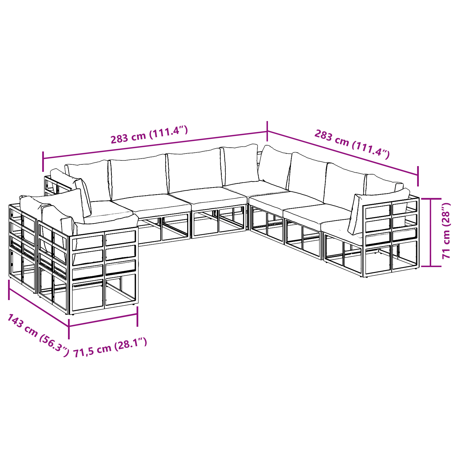 Set de canapele pentru grădină 9 pcs Negru 283 x 283 x 71 cm GartenMobel Dekor
