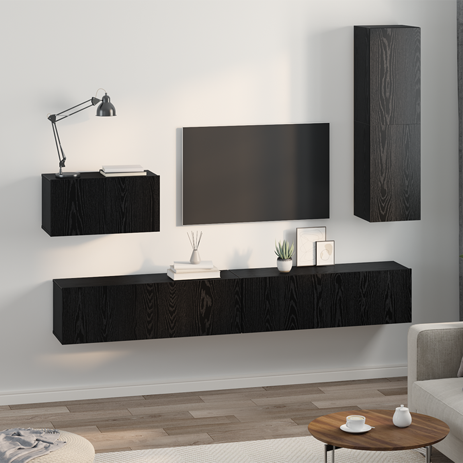Dulap pentru TV pe Perete cu raft Altele cu depozitare cu ușă 4 pcs Stejar negru GartenMobel Dekor