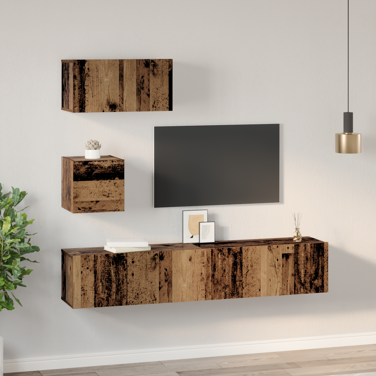Dulap pentru TV pe Perete cu raft cu depozitare cu ușă 4 pcs Lemn vechi GartenMobel Dekor