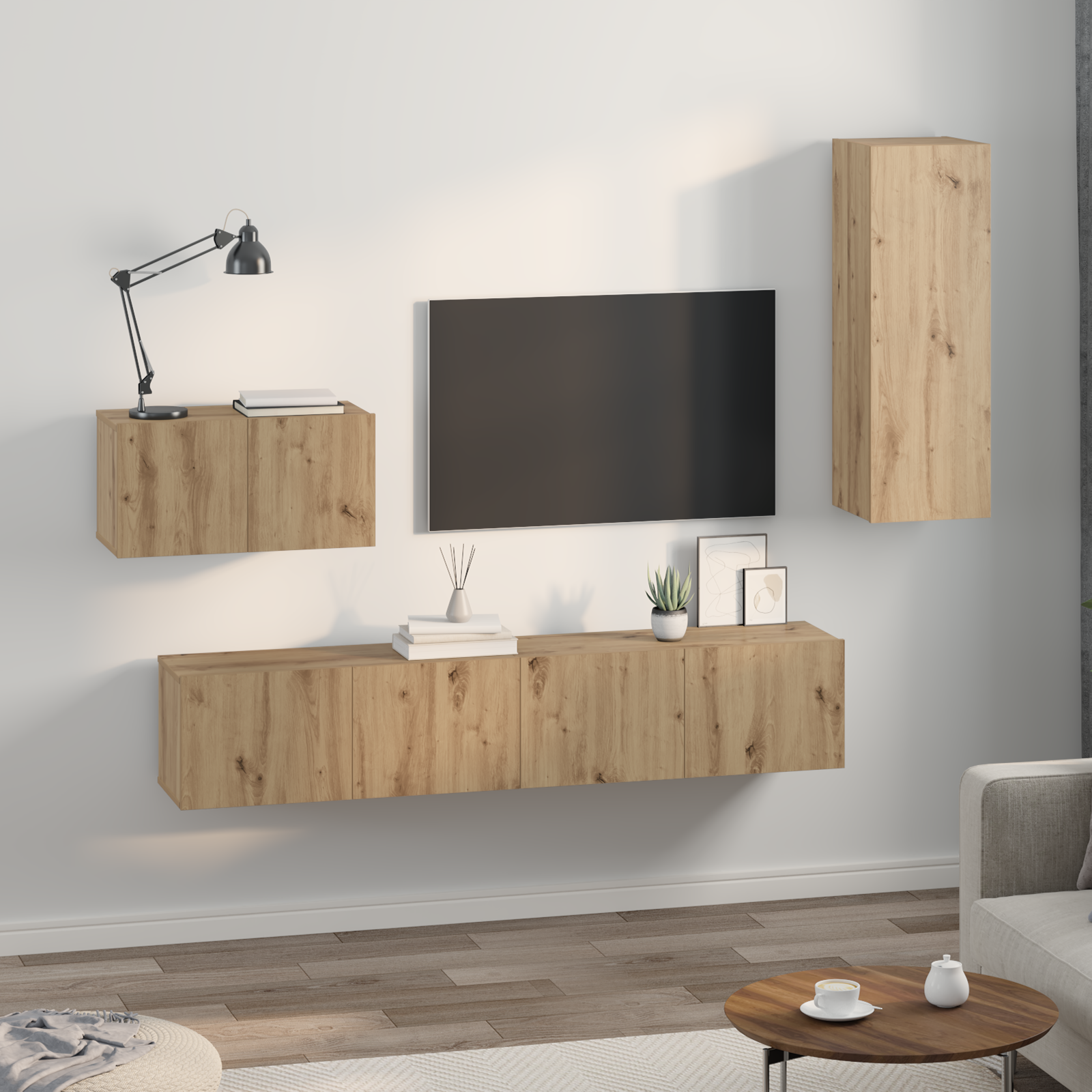 Dulap pentru TV pe Perete cu raft Altele cu depozitare cu ușă 4 pcs Stejar artisanal GartenMobel Dekor