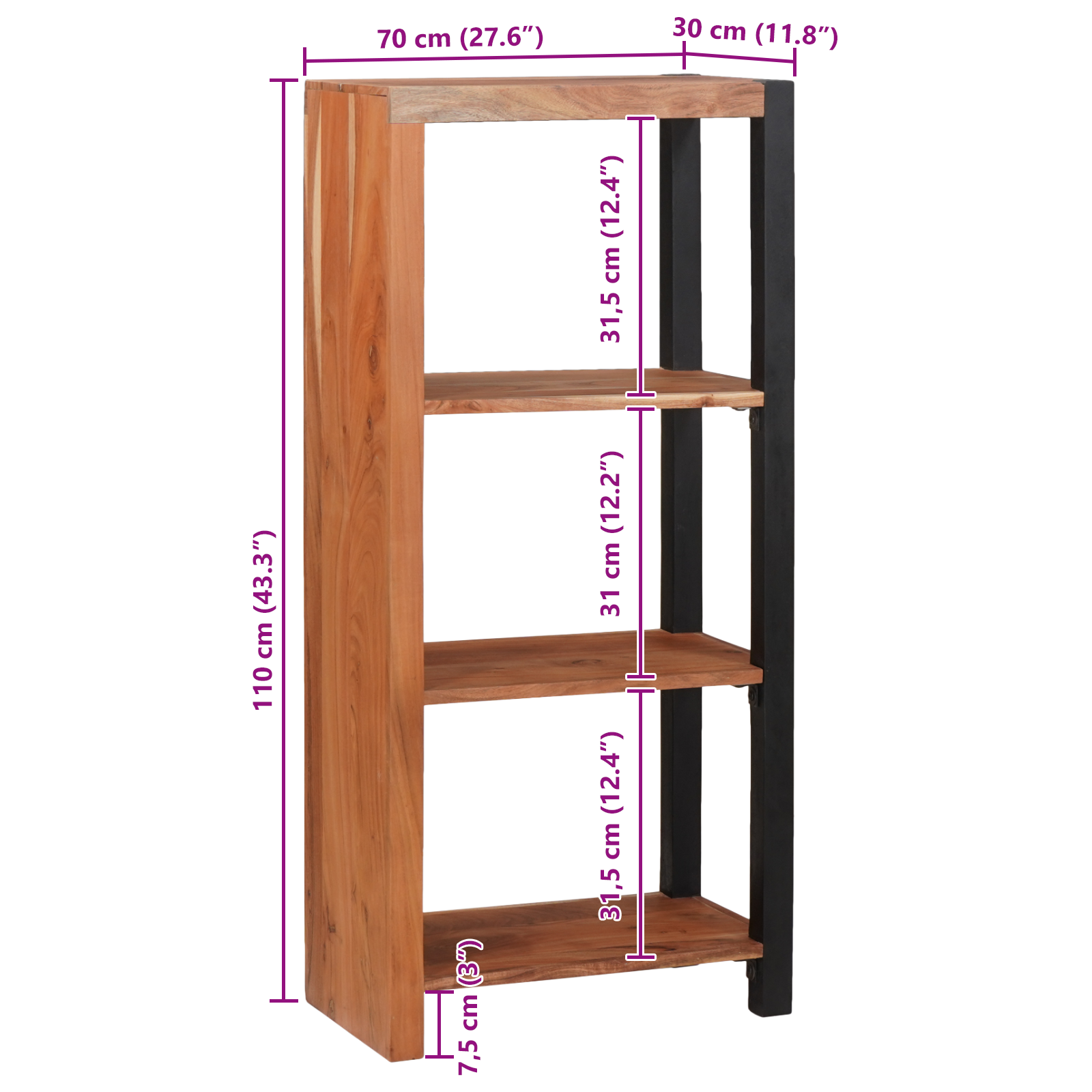 Bibliotecă Maro, Negru 50 x 30 x 110 cm Lemn Solid de Acacia GartenMobel Dekor