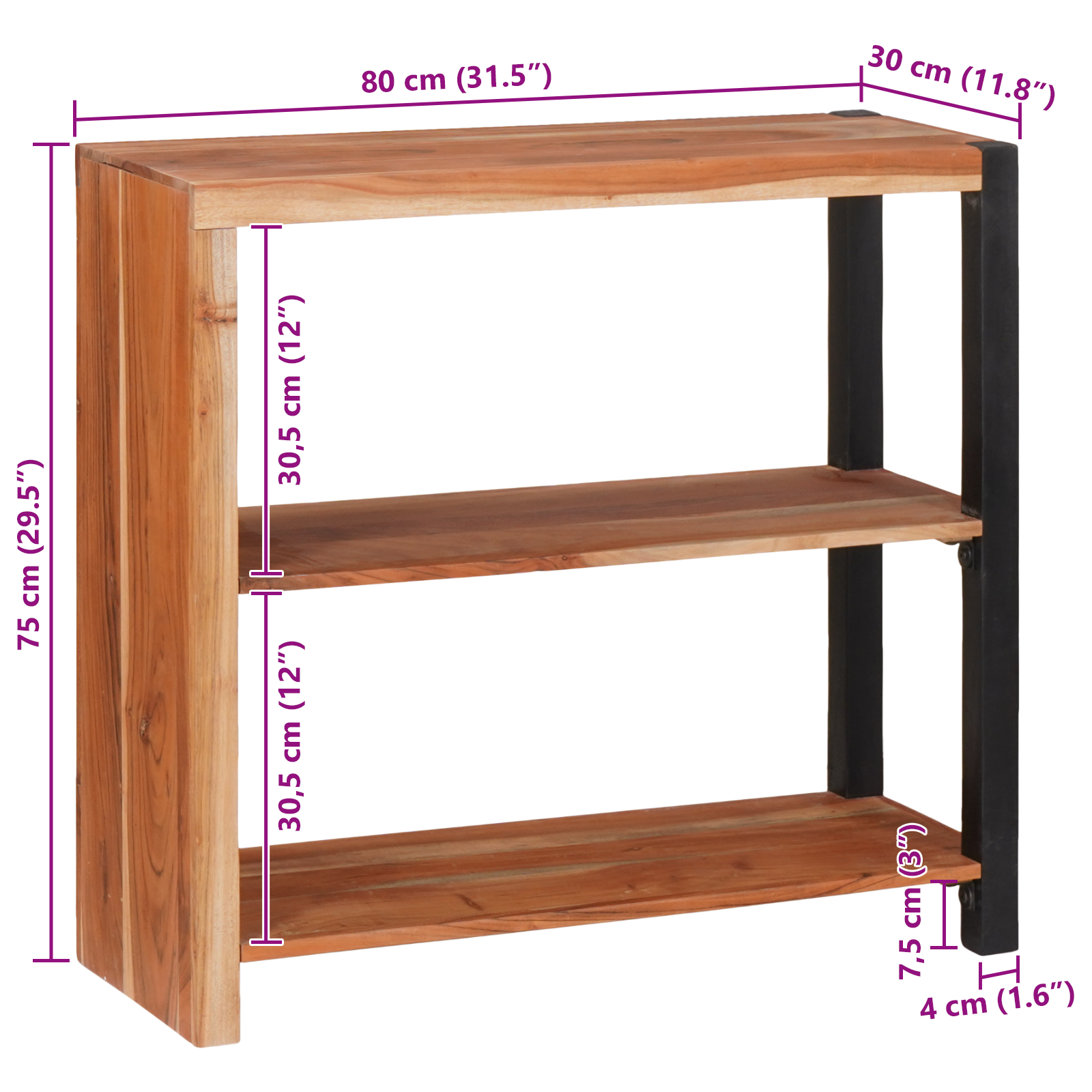 Bibliotecă Maro, Negru 80 x 30 x 110 cm Lemn Solid de Acacia GartenMobel Dekor