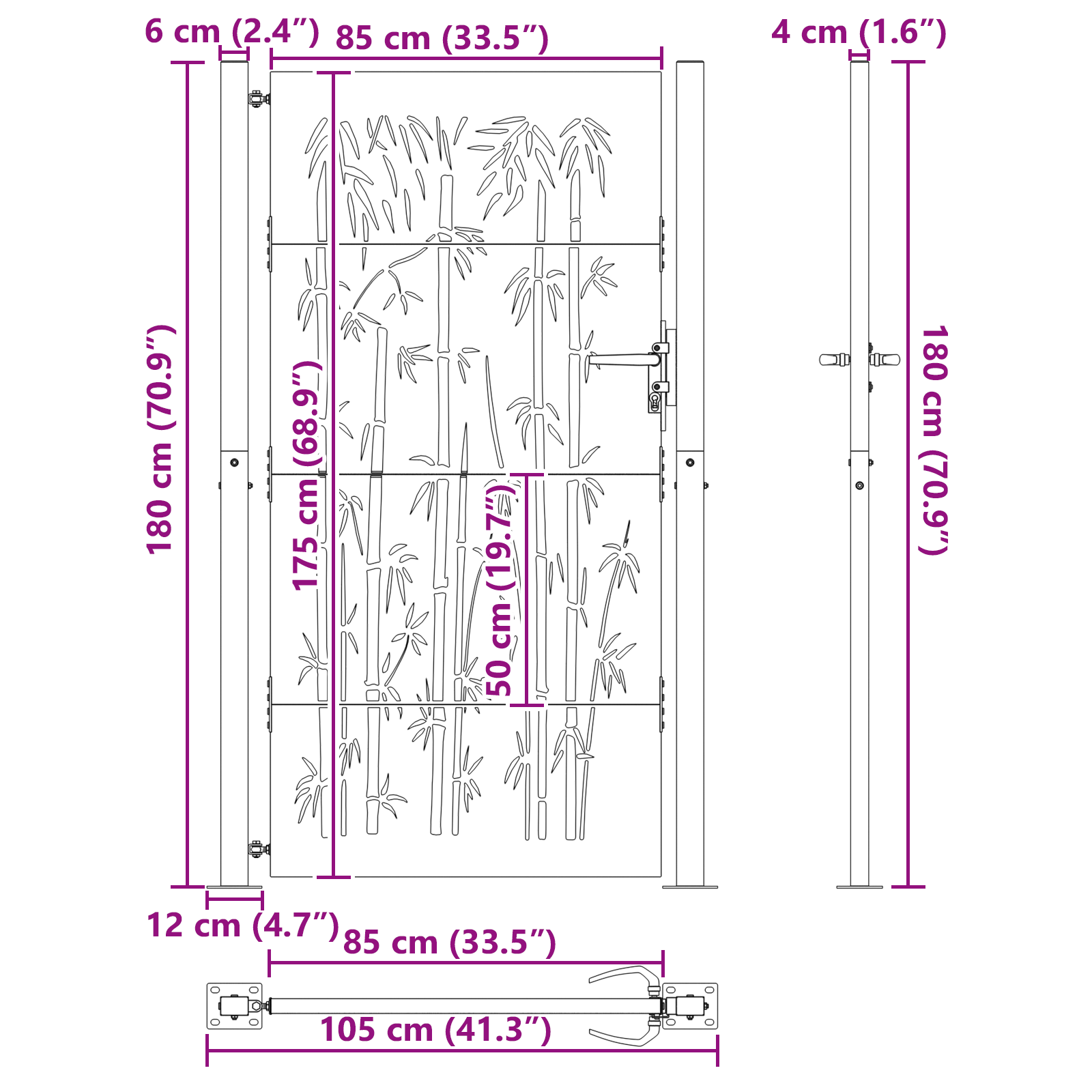 Poartă de grădină Negru 105 x 175 cm Oțel vopsit în pulbere GartenMobel Dekor