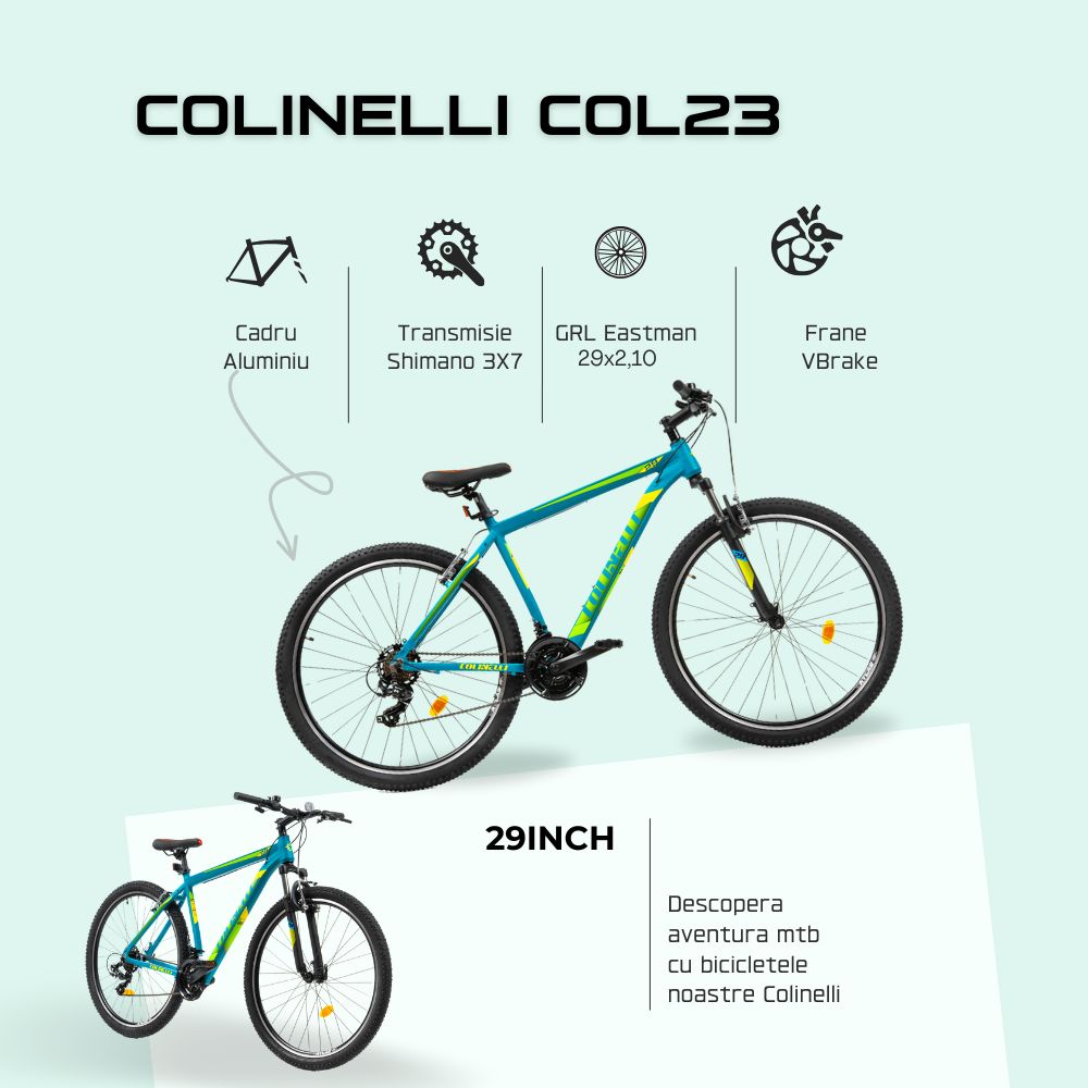 Bicicleta MTB Colinelli COL23, Marimea M, 29 inch, Verde, Schimbator Shimano ST-EF500, 21 Viteze, Cadru Aluminiu, Frane V - Brake Ultimate FactoryBikes