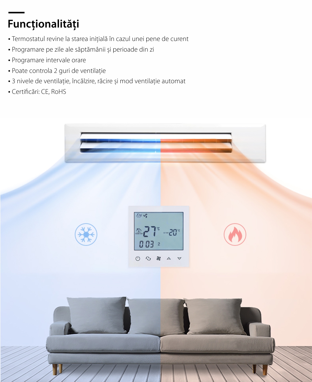 Termostat cu fir pentru aer conditionat BeOk TDS21-AC2, Compatibil cu sisteme HVAC SmartElectro IntelligentHouse