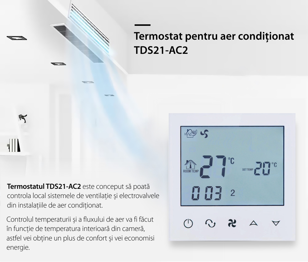 Termostat cu fir pentru aer conditionat BeOk TDS21-AC2, Compatibil cu sisteme HVAC SmartElectro IntelligentHouse