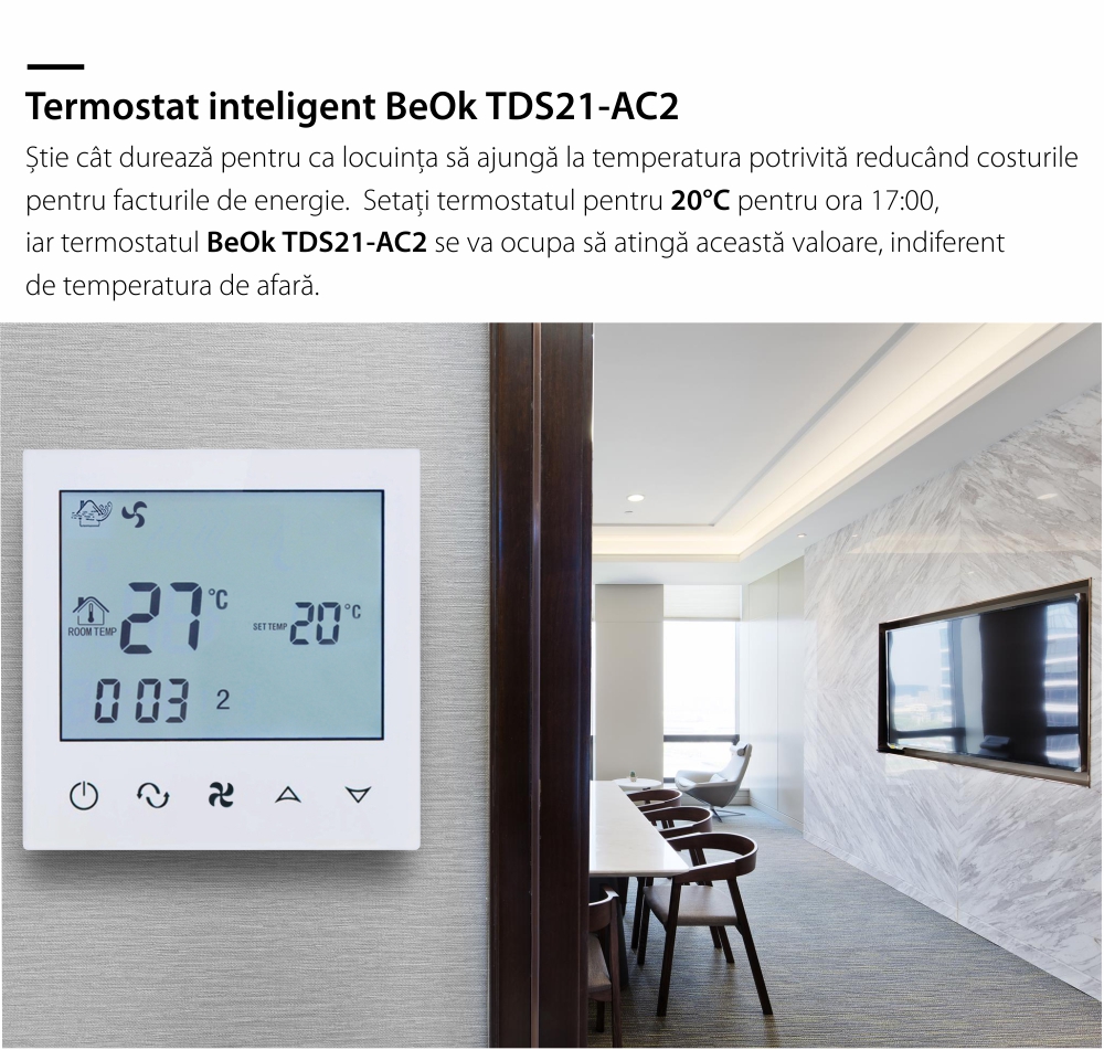 Termostat cu fir pentru aer conditionat BeOk TDS21-AC2, Compatibil cu sisteme HVAC SmartElectro IntelligentHouse