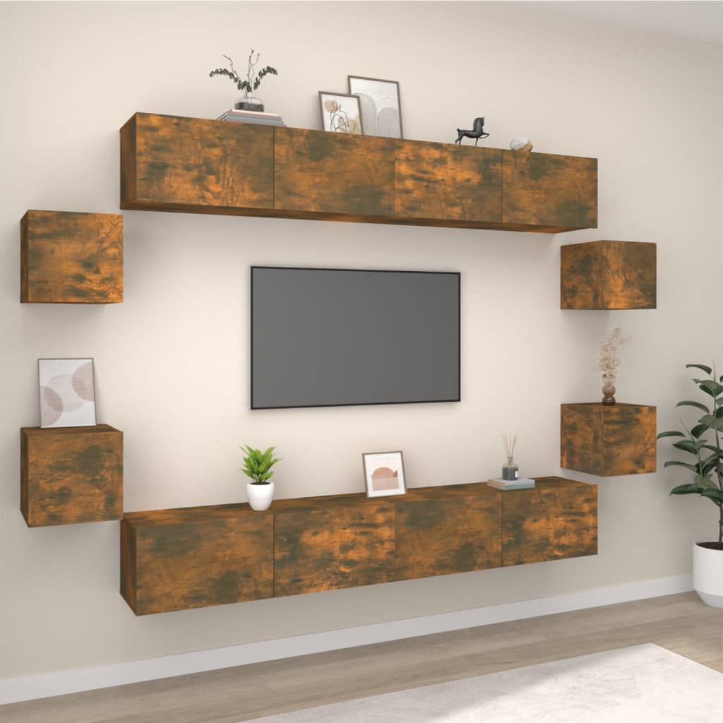 Set dulap TV, 8 piese, stejar fumuriu, lemn prelucrat GartenMobel Dekor