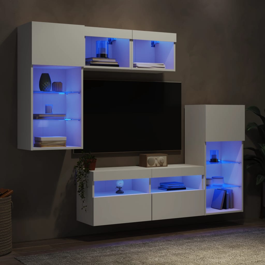 Unități de perete TV cu LED-uri, 5 piese, alb, lemn prelucrat GartenMobel Dekor