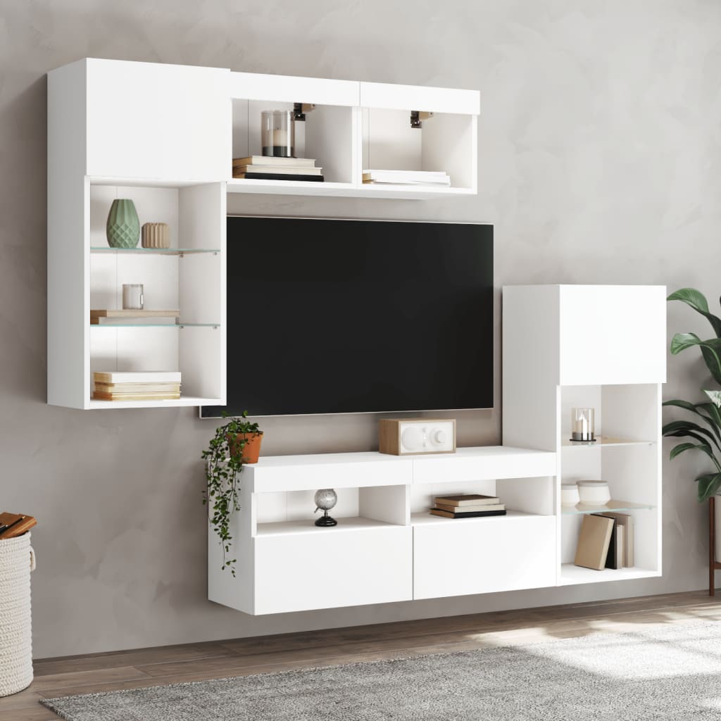 Unități de perete TV cu LED-uri, 5 piese, alb, lemn prelucrat GartenMobel Dekor