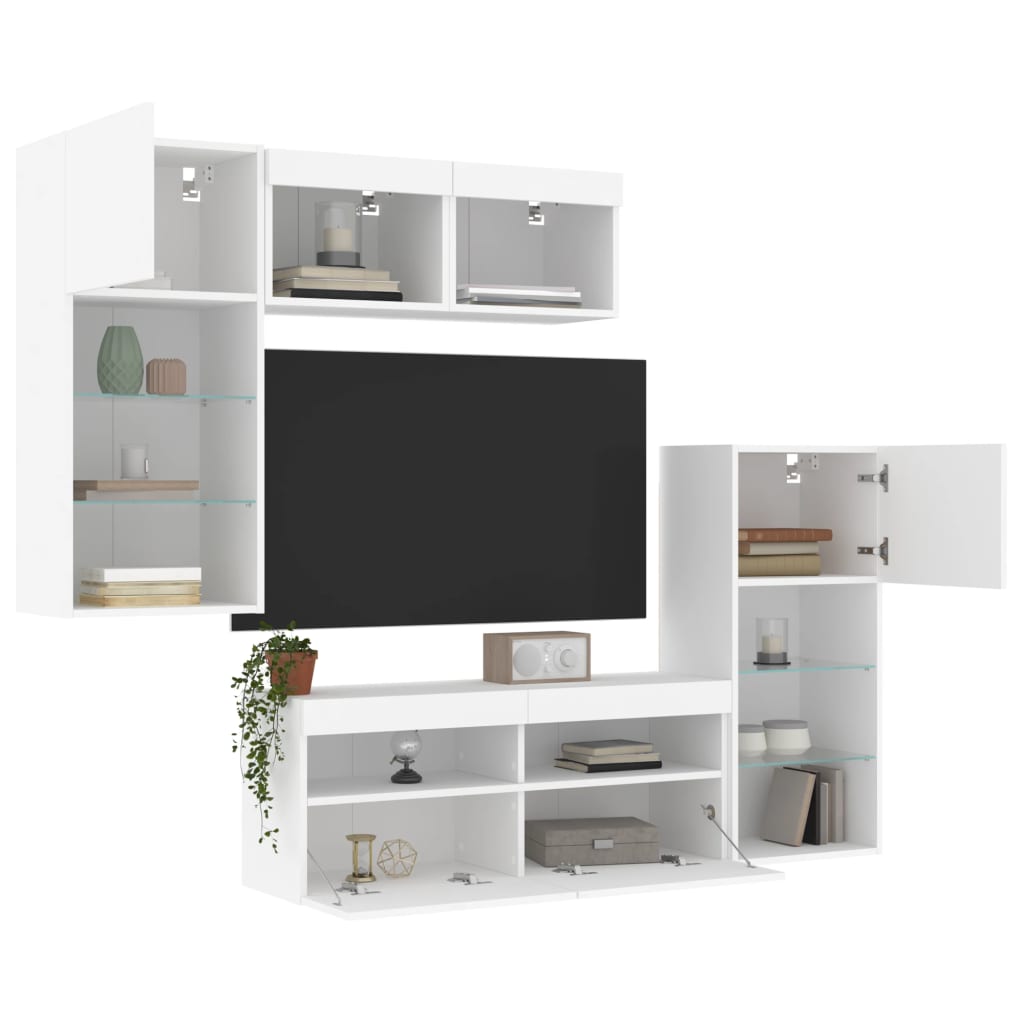 Unități de perete TV cu LED-uri, 5 piese, alb, lemn prelucrat GartenMobel Dekor