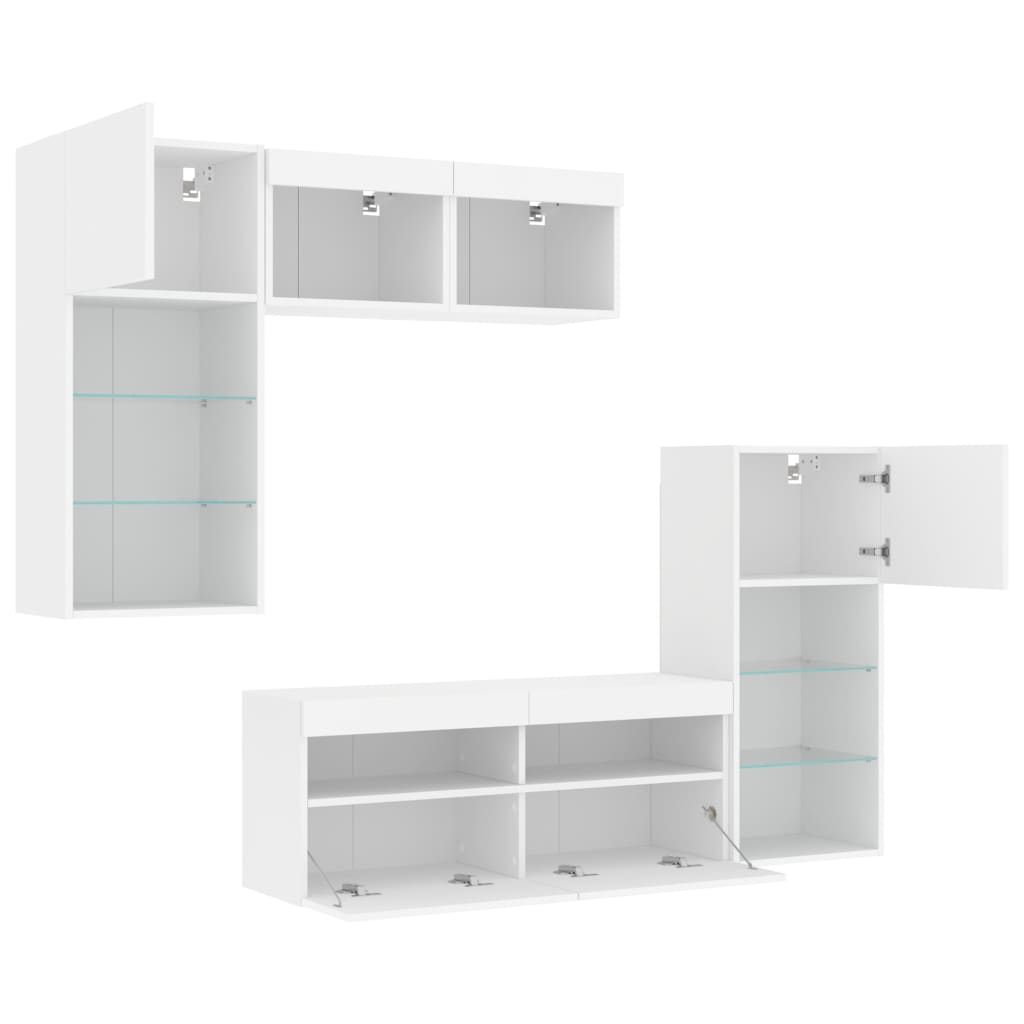 Unități de perete TV cu LED-uri, 5 piese, alb, lemn prelucrat GartenMobel Dekor