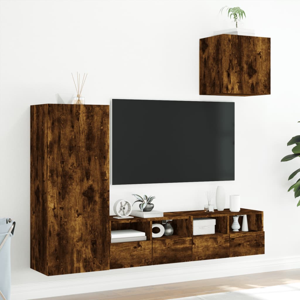 Unități TV de perete cu LED-uri, 4 piese, stejar fumuriu, lemn GartenMobel Dekor