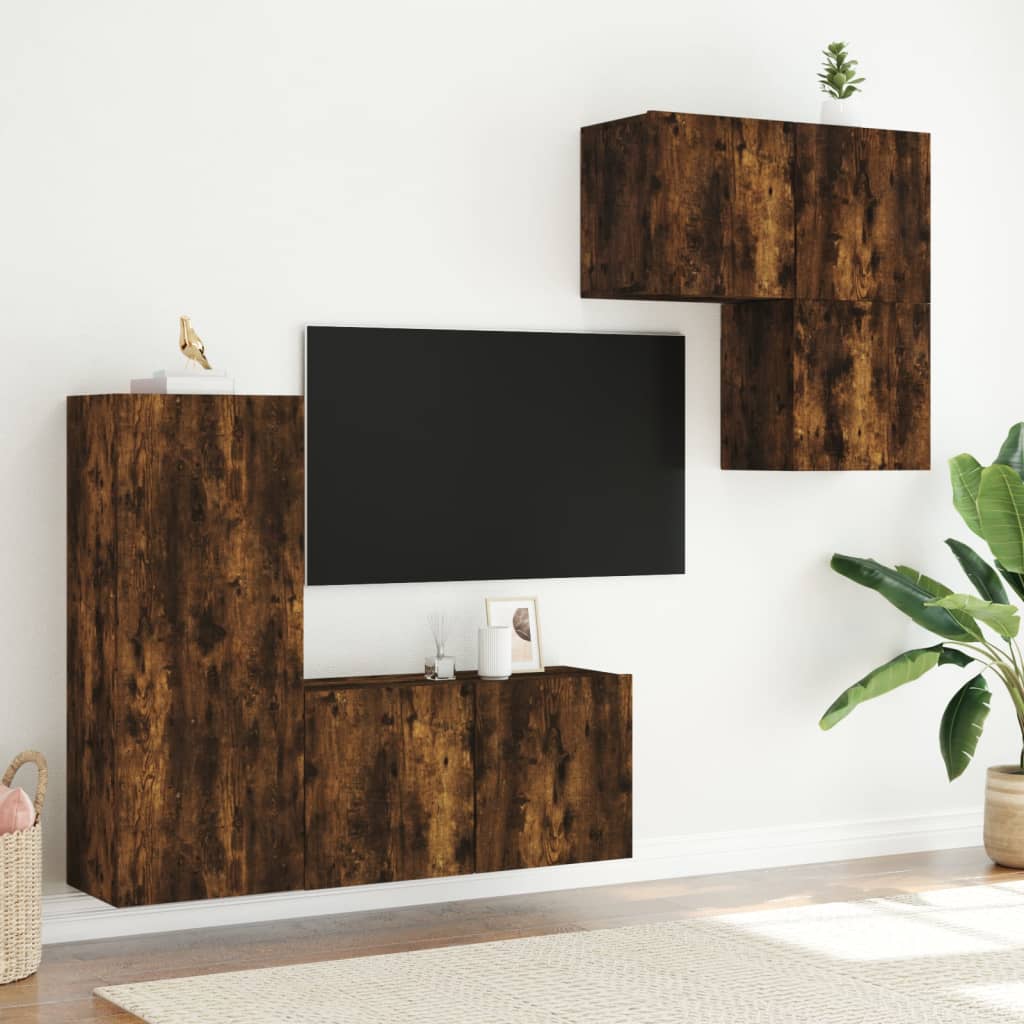 Unități TV de perete cu LED-uri, 4 piese, stejar fumuriu, lemn GartenMobel Dekor
