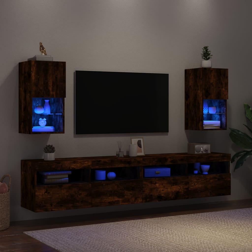 Comode TV cu lumini LED, 2 buc., stejar fumuriu, 30,5x30x60 cm GartenMobel Dekor