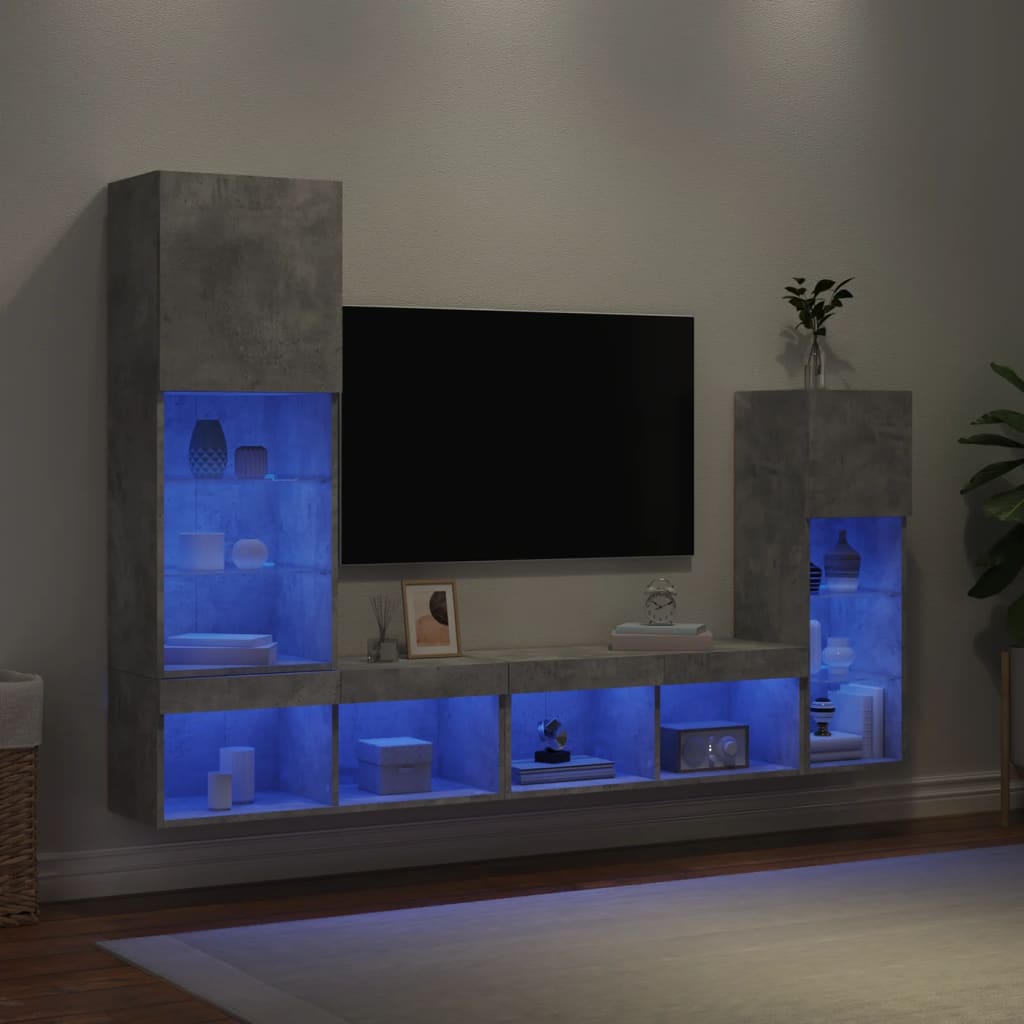 Unități TV de perete cu LED-uri 4 piese gri beton lemn compozit GartenMobel Dekor