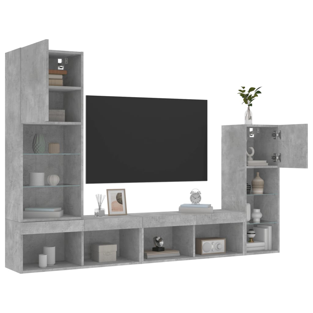 Unități TV de perete cu LED-uri 4 piese gri beton lemn compozit GartenMobel Dekor