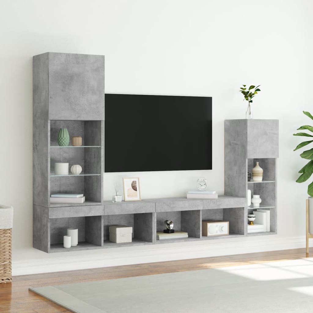 Unități TV de perete cu LED-uri 4 piese gri beton lemn compozit GartenMobel Dekor