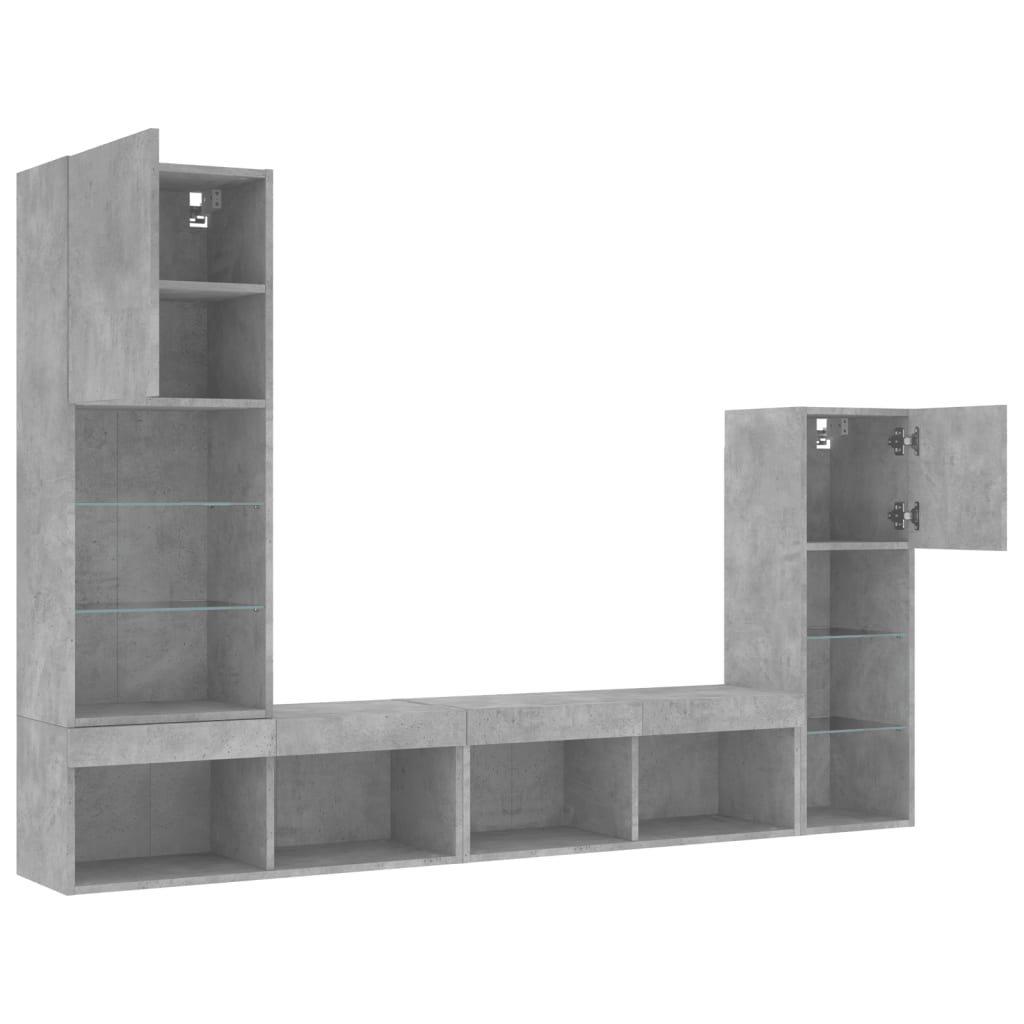 Unități TV de perete cu LED-uri 4 piese gri beton lemn compozit GartenMobel Dekor
