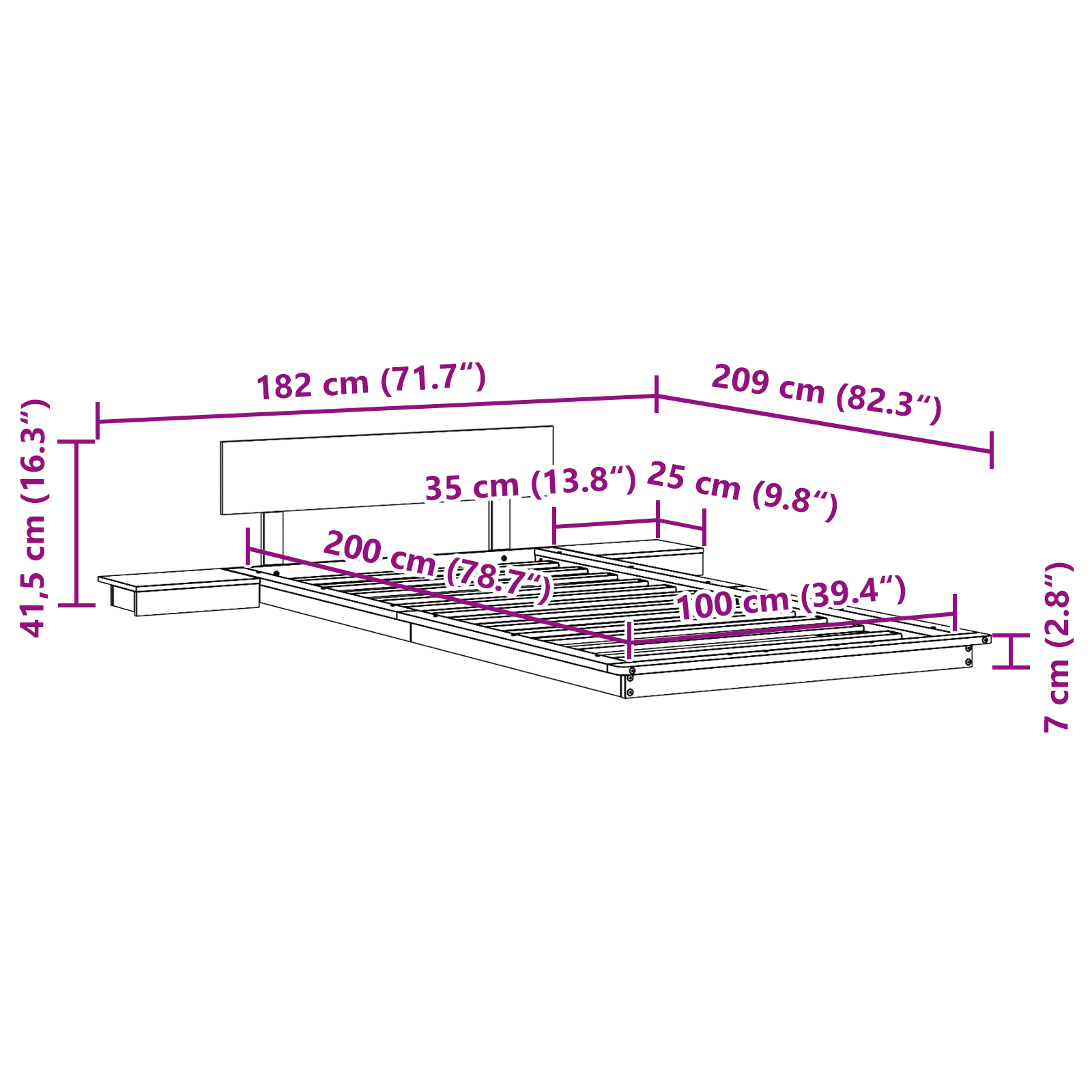 Cadru de Pat Floor cu Mese de Noapte 100x200cm din Lemn Masiv GartenMobel Dekor