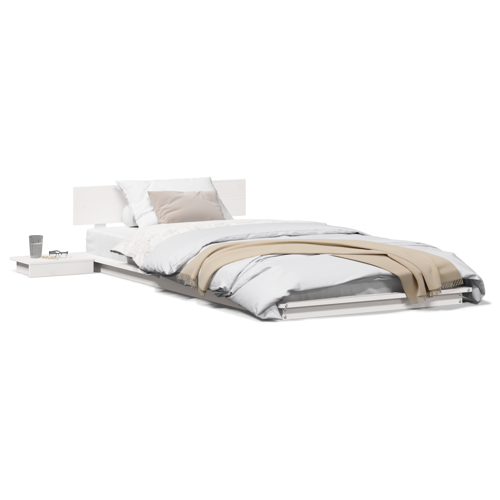 Cadru de Pat la Podea cu Mese de Noapte Alb 100x200cm Lemn Masiv GartenMobel Dekor