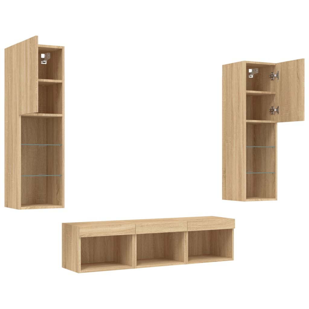 Unități de perete TV cu LED-uri, 5 piese, stejar sonoma, lemn GartenMobel Dekor