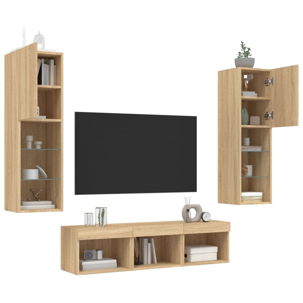 Unități de perete TV cu LED-uri, 5 piese, stejar sonoma, lemn GartenMobel Dekor
