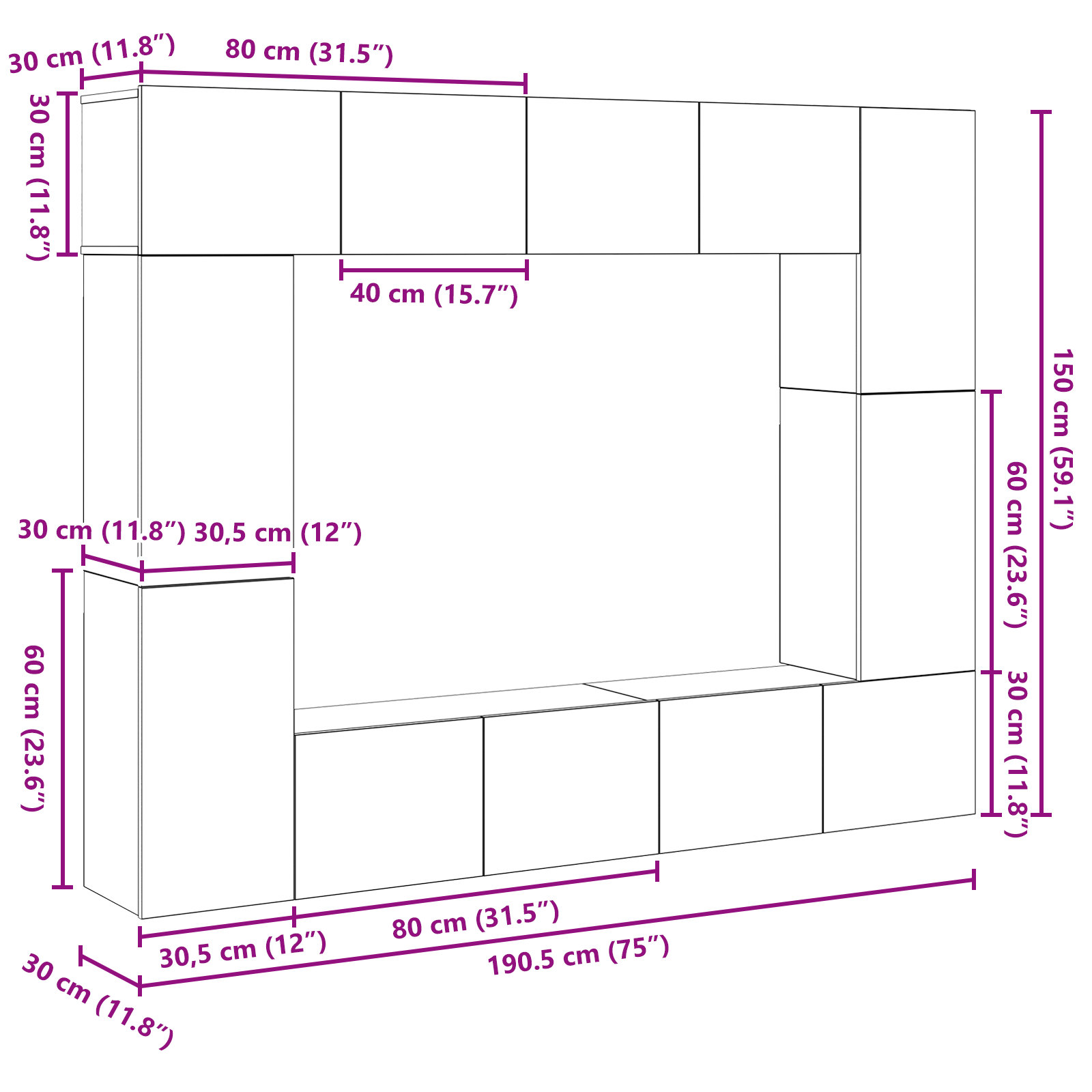 Set comodă TV 8 pcs Lemn vechi 80 x 30 x 30 cm Lemn compozit GartenMobel Dekor